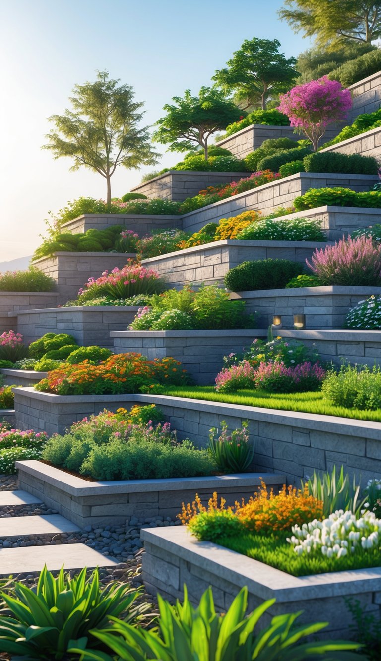 A multi-level terraced garden with vibrant plants and flowers arranged on stone and wooden terraces under a clear sky.